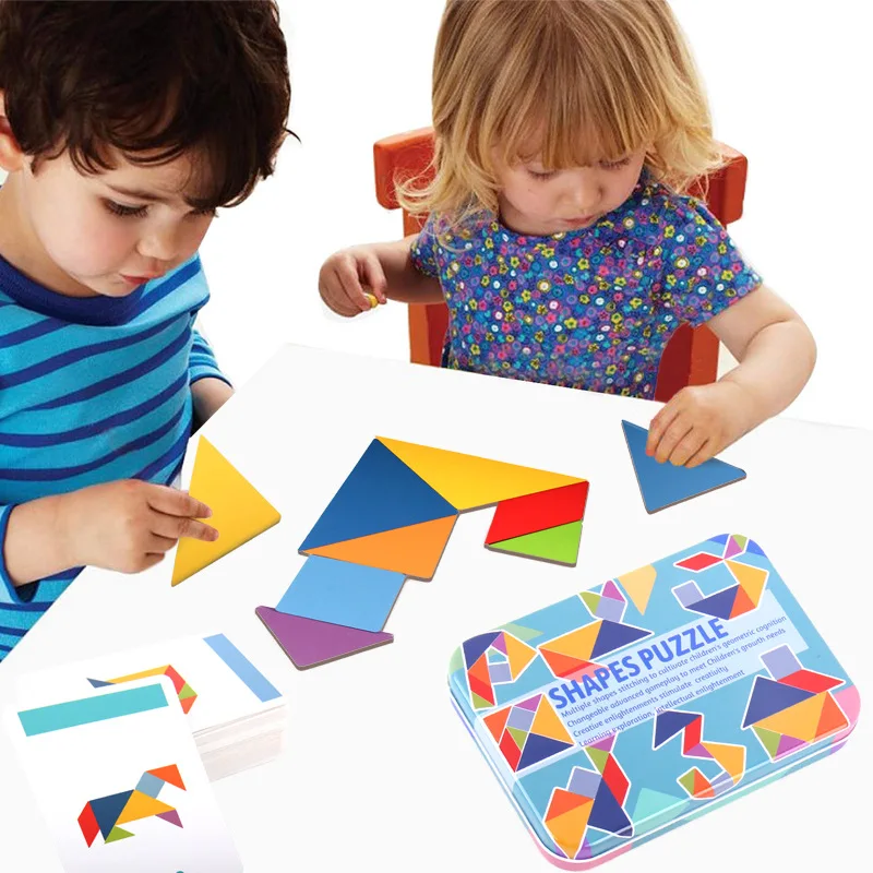 Детская деревянная цветная железная коробка Tangram пазл для хранения раннего