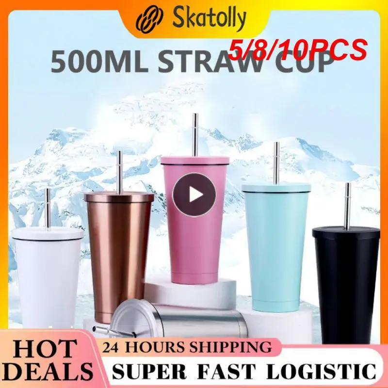 

5/8/10PCS 500ml Stainless Steel Straw Cup Large-capacity Vacuum Flask Car Portable Coffee Cup Water Cup Household Drinking