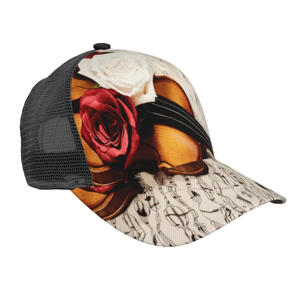 

Summer Unisex Baseball Cap Male Female Breathable Mesh Snapback Hat Old Violin Musical Notes And Three Roses Casual Sport Hat
