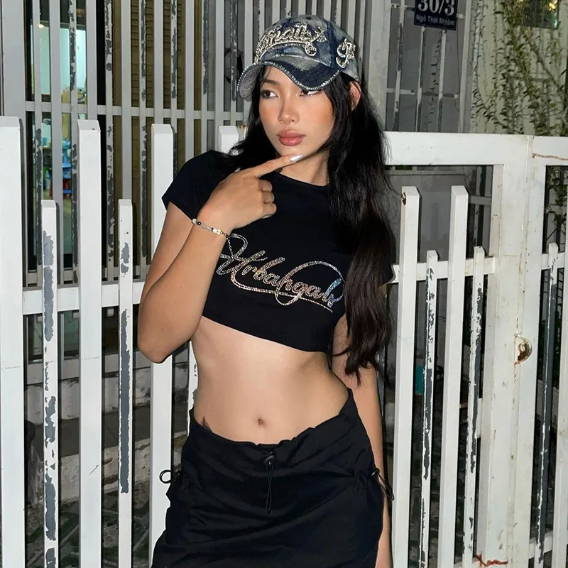 

Y2K Fashion Stamping Drill Letter Crop Tops Women 2023 Summer Streetwear Casual Short Sleeves T-Shirts for Wowen Kpop Clothes
