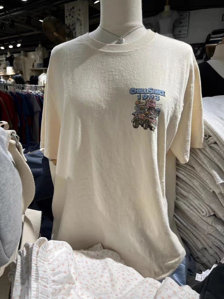 

Dinosaur Cartoon Print Loose T-Shirt Woman Round Neck Short Sleeve Harajuku Tee Tops Summer Streetwear Cotton Y2k Top Oversized