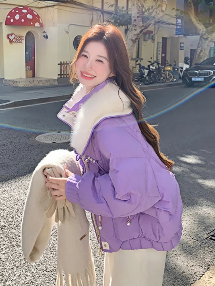 Фиолетовый большой меховой воротник национальный сладкий пуховик с пряжкой