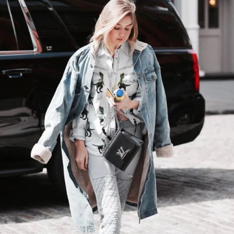 

Winter With Velvet Long Denim Coat Woman Full Sleeve Warm Windbreaker Cotton Loose Jean Coats Ladies Vintage Casual Trench