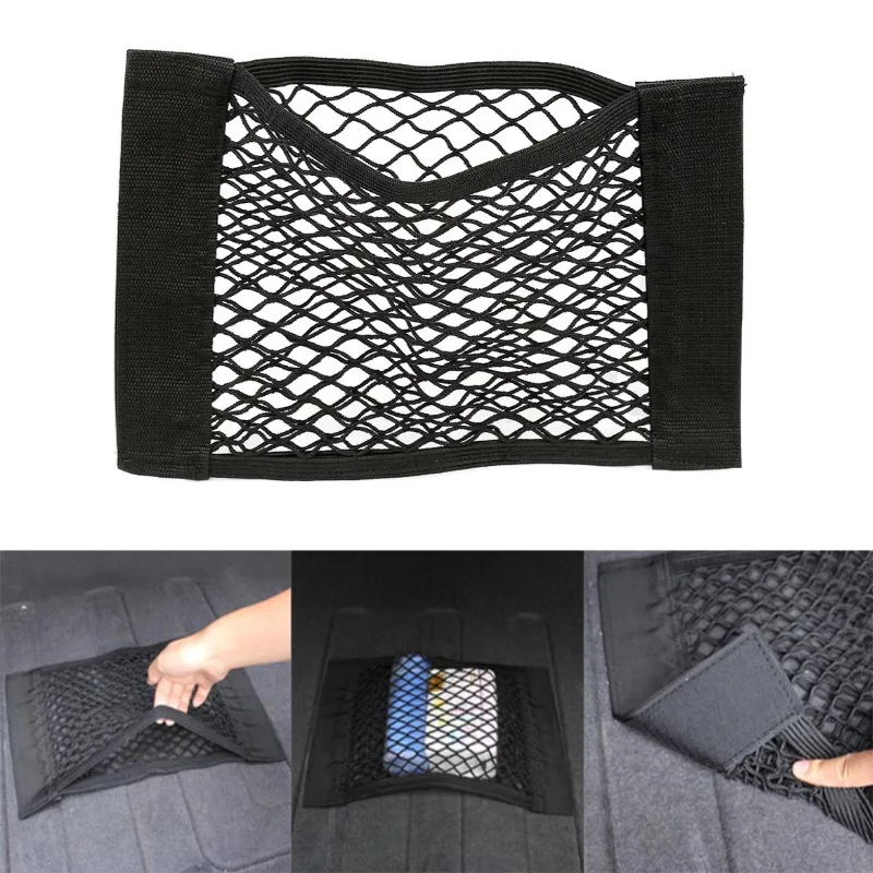 

Car Rear Seat Storage Bag Double-deck Elastic String Net Magic Sticker Pocket Adjustable Back Seat Organizers with Mesh Bag