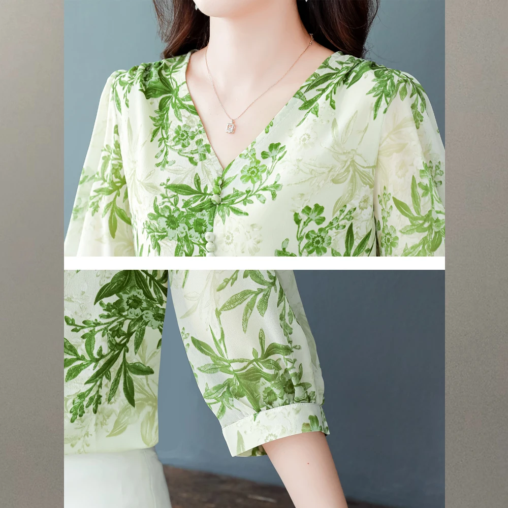 Fashion Women Shirt Casual 3/4 Sleeve Printed Satin Blouses Women Spring and Summer New Simplicity Ladies Loose Tops 2023 images - 6