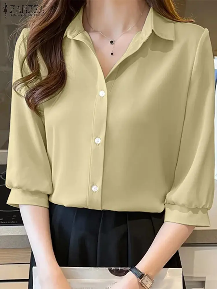 

Stylish Summer OL Shirt Women Lapel Neck 3/4 Sleeve Work Blouse 2023 ZANZEA Elegant Office Tops Female Buttons Down Blusas Tunic