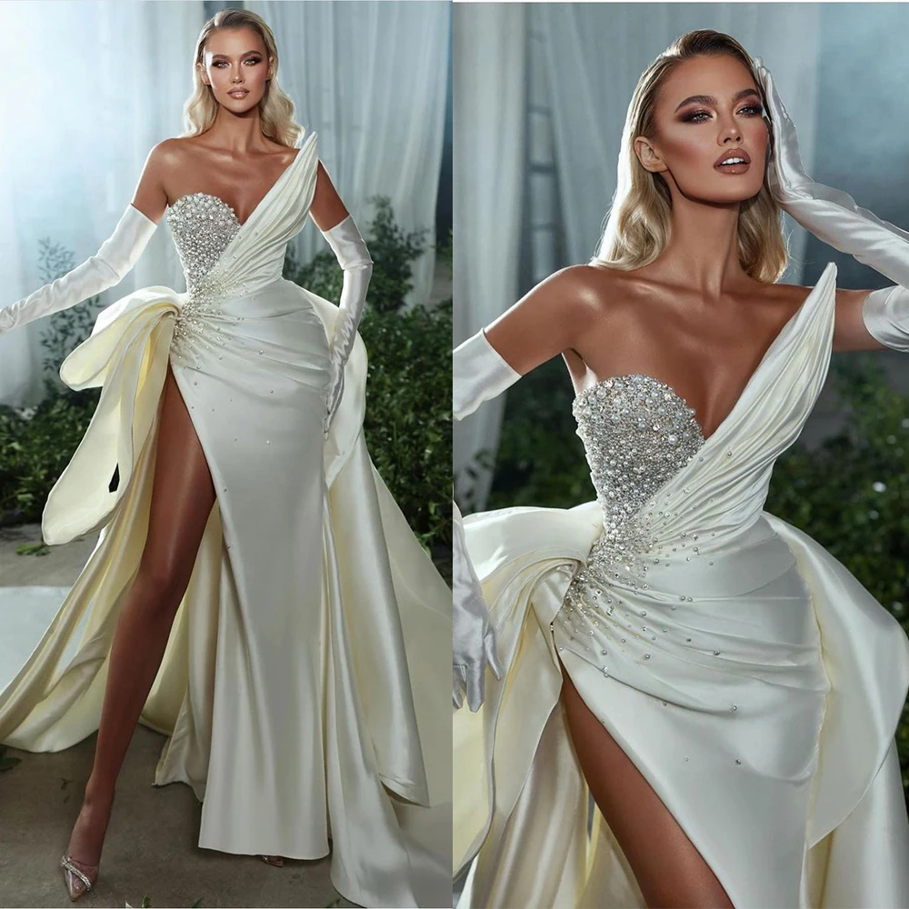 

Arabic Luxury Pearl Vestidos De Novia Wedding Dress With Detachable Train One Shouder Mariee Mariage Weddding Gown