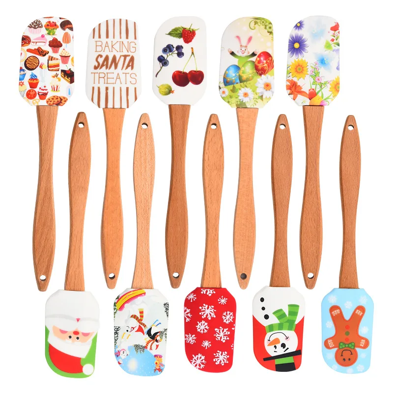 Cream Spatula Christmas Wooden Handle Non-Stick Kitchen Fondant Cake Silicone Cooking Scraper Baking Tools Espatula |