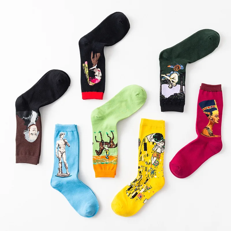 

Лидер продаж, осенне-зимние ретро женские индивидуальные художественные носки с изображением звездной ночи Ван Гога, всемирно известные мужские Носки с рисунком, Веселые носки с масляными узорами