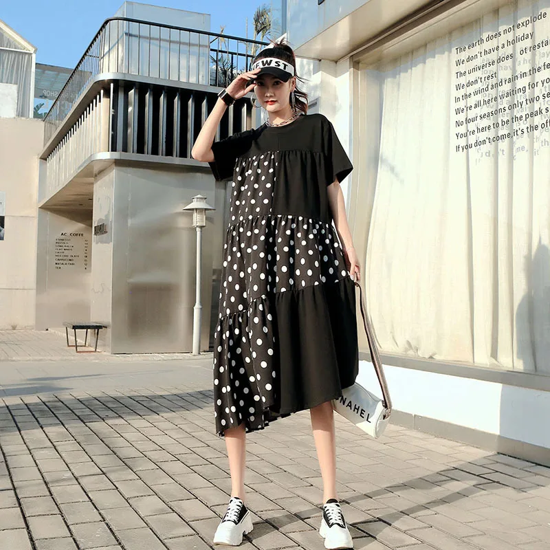 

SuperAen 2022 Summer New Loose Patchwork Fashion Slim Irregular O-Neck Printing A-LINE Casual Dress for Women