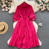 vintage half sleeve shirt dress for women summer solid color single breasted aline long dress lady chic hollow out vestido