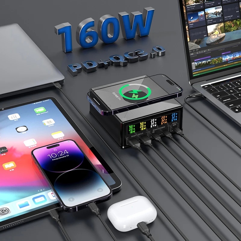ILEPO 160W 5Port USB Charger Staion With 15W Wireless Charger LCD Display USB-C QC3.0 PD 65W Quick Charger For Phone Laptop