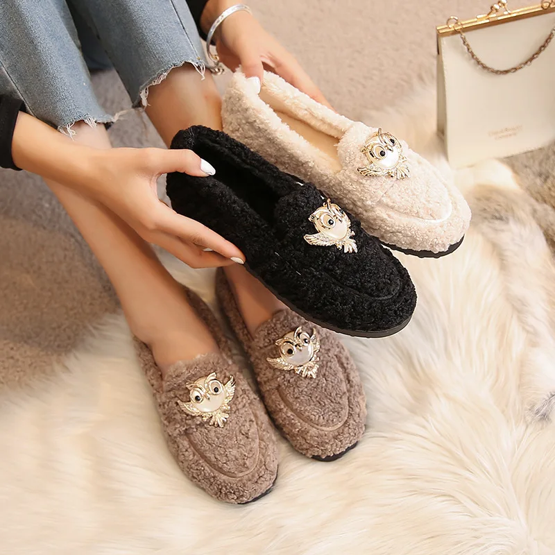 Ladies Winter Plush Cotton Flats Wool Fur Loafers Women Warm Charms Owl Stones Lolita Moccasins Curly Lambswool Shoes