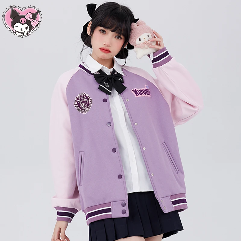 

Sanrio Kuromi Jk Baseball Uniform for Women Kawaii Anime Autumn Winter Embroidery Coat Jacket Preppy Thicken Casual Sweet Loose