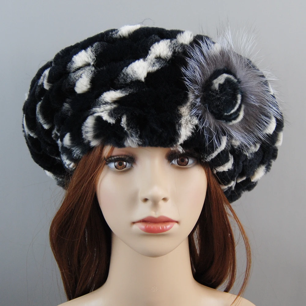 Новый стиль женские береты вязаные шапки из натурального меха кролика рекс