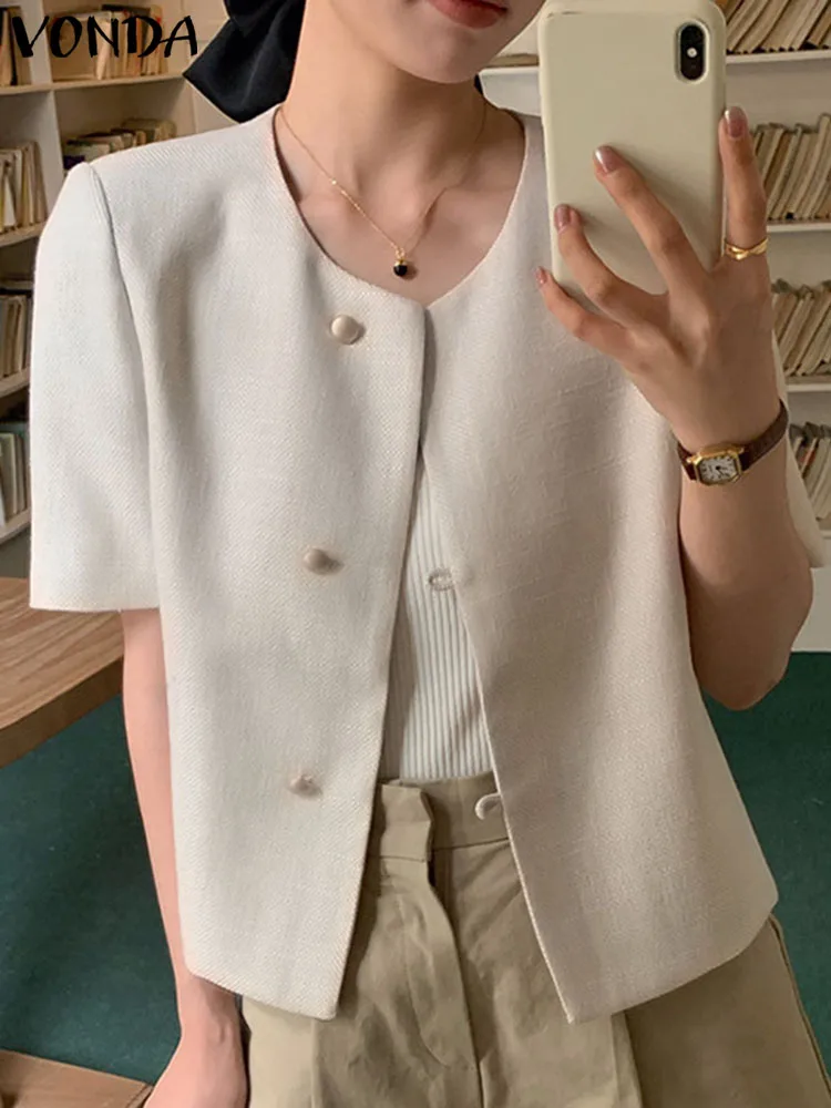 

Women Blazer Summer Coats 2023 VONDA Elegant Round Neck Fashion Loose Short Sleeve Outwear Casual Solid Color Buttons Thin Coats