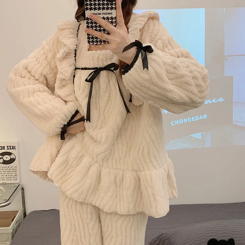 

ASHEYWR Women Autumn Winter Pajamas Fashion Sweet Tender Homewear Soft Comfortable Warmth Plush Casual Pajamas Suit Female