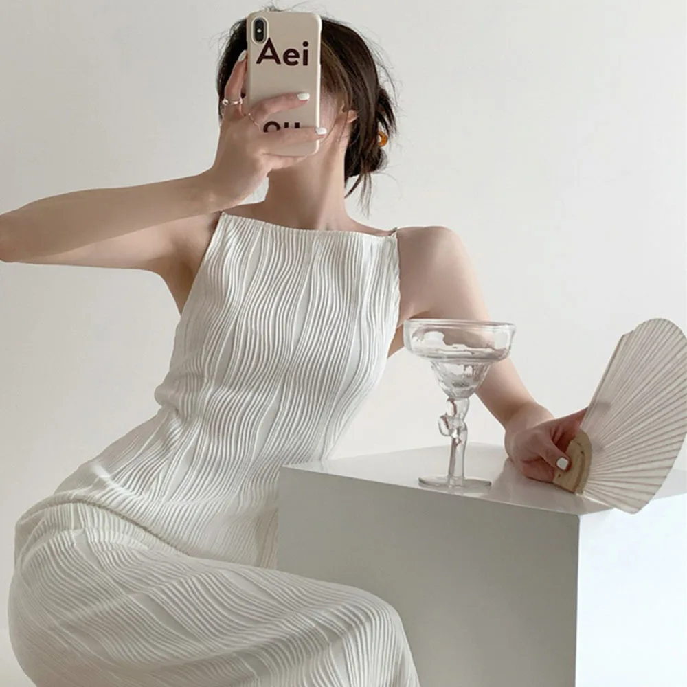 

Elegant Sleeveless Dress 2022 Women Fashion Pearl Sling A-line Long Dress Summer White Slim Solid Dress Sexy Backless Vestido