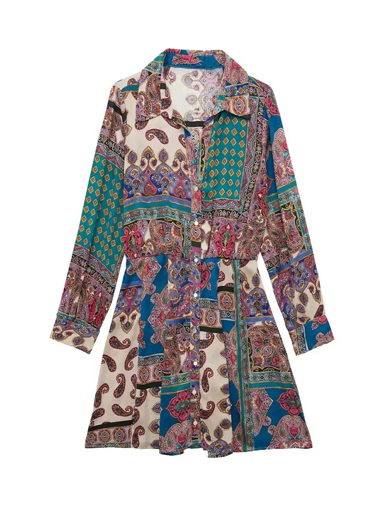 KLKXMYT TRAF женское осеннее платье 2022 Модные Винтажные Мини платья с принтом для женщин повседневные женские платья с длинным рукавом для вечер...