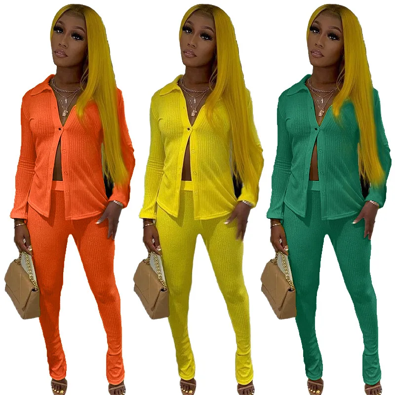 

Autumn Neon Knitted Tracksuit 2 Piece Sets Women Long Sleeve Turn Down Collar Top and Long Skinny Pants Casual Solid Outfits