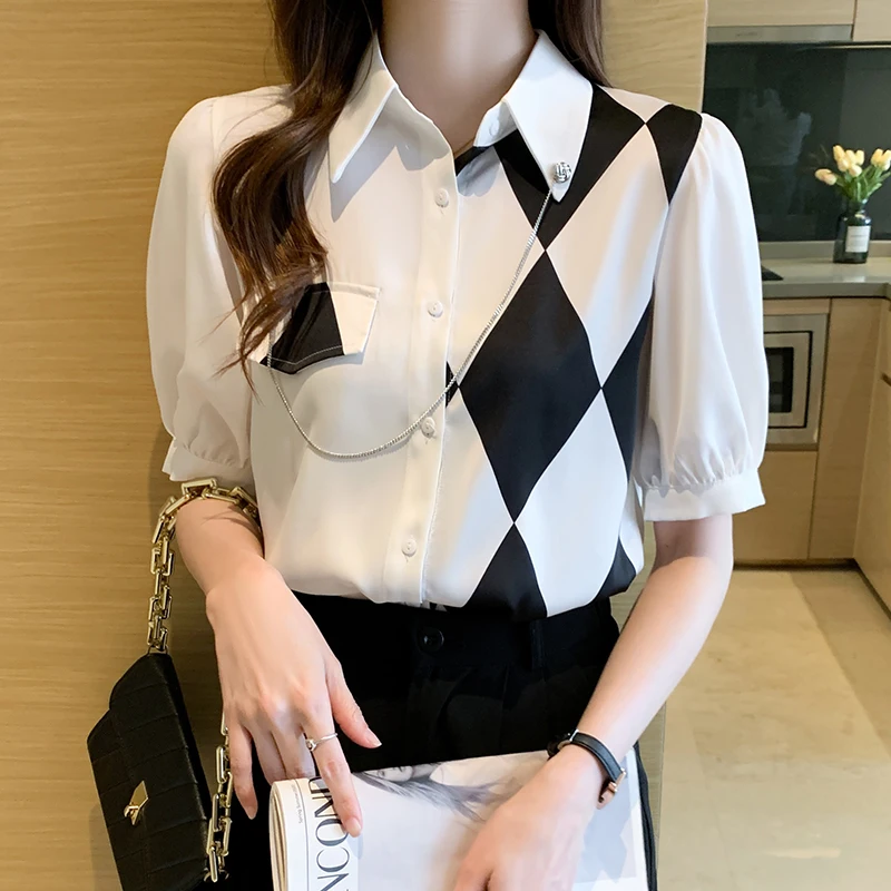 

Chiffon Women's Blouse 2022 New Plaid Shirt Summer Elegant Short Sleeve Casual Top Fashion Female Korean Style Clothing