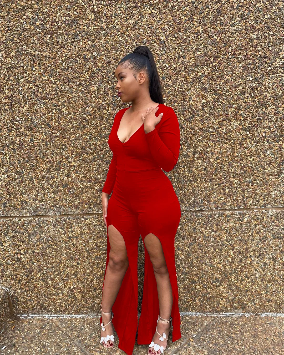 

Fashion Long Sleeve V Neck High Waist Jumpsuit Lady Autumn Sexy Party Slit Romper