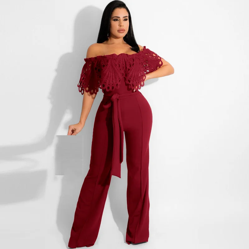 

WUHECM.YAYA Women Lace Butterfly Sleeve Wide Leg with Sashes Jumpsuit 2022 Summer Elegant One Piece Overall Jumpsuit Playsuit