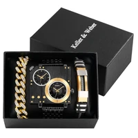 cool square big dial watch for men mans quartz dual time zone watches hip hop bracelet fine birthday gift set box for husband