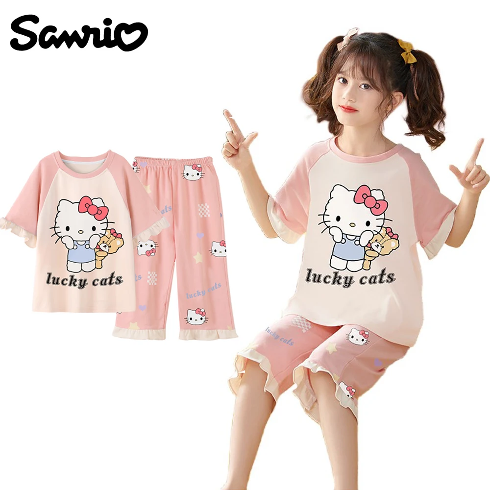 

Sanrios Anime Kawaii hellokittys children pajamas suit summer girl pure cotton Short sleeve Cropped Trousers leisure wear Gifts