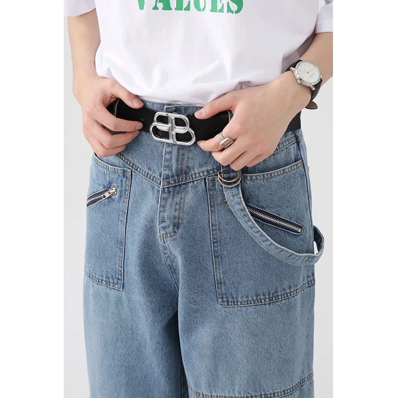 Streetwear Men 2022 New Pattern Vintage Recreational Blue Jeans Loose Straight Cylinder Temperament Cargo Pants Autumn Female