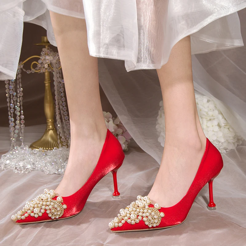 

Rimocy Luxury Pearl High Heels Shoes Women Sexy Pointed Toe Satin Wedding Shoes Woman Bride Shining Crystal Stiletto Heels Pumps