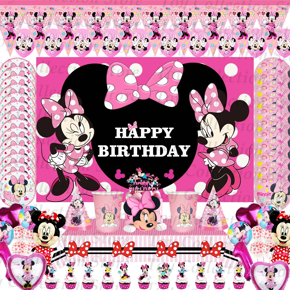 

Minnie Mouse Theme Birthday Party Decoration Paper Tableware Party Event Props Cartoon Pink Banner Girls Favorite Party Supplies