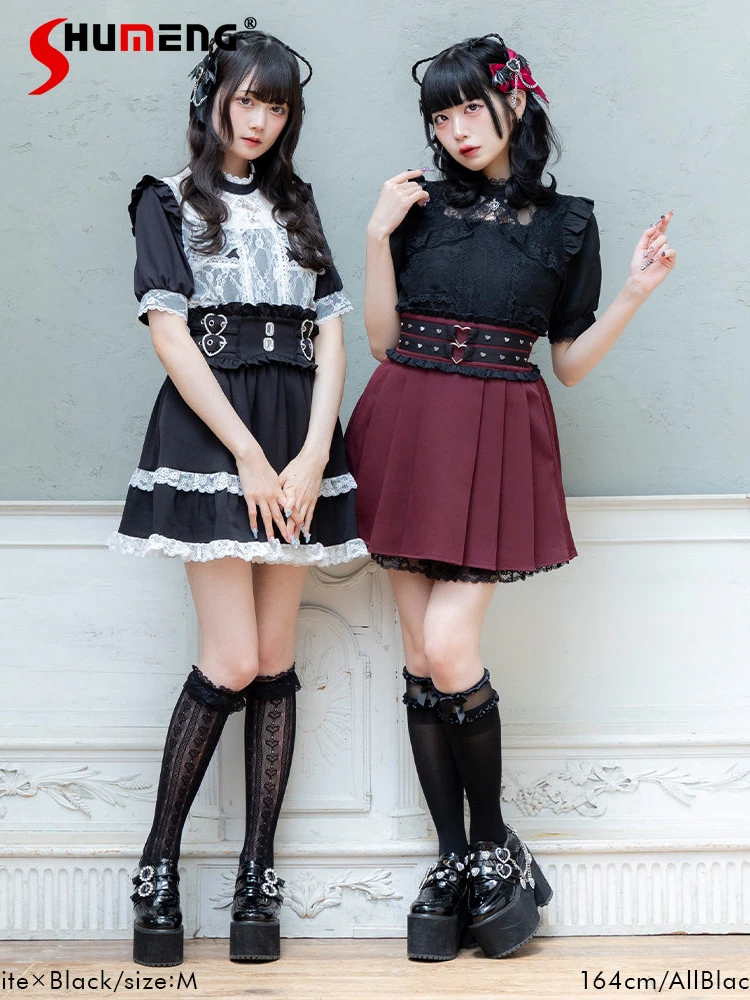 japoński styl koronkowe szwy Hollow Backless Ruffles Love Pendant Stand Collar Short Sleeve Sweet Lolita Shirt Tops for Women