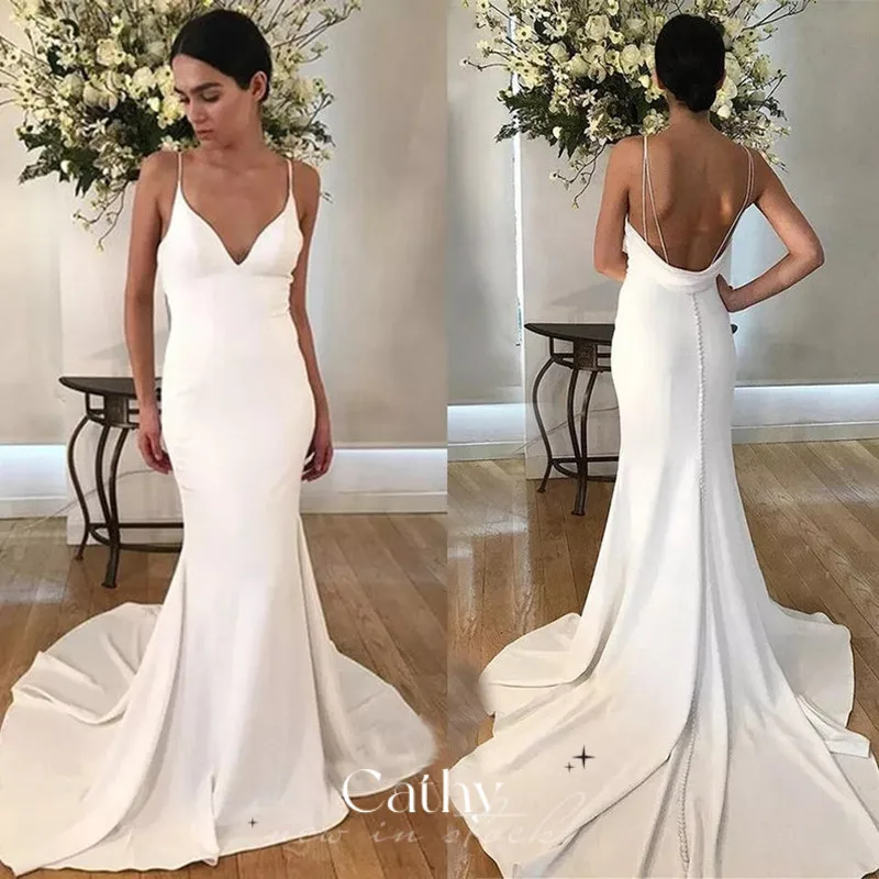 

Cathy Boho Trumpet Wedding Dress 2023 Sexy Open Back Mermaid Wedding Dress Beach Satin Sweep Train Wedding Gown For Bride 2022