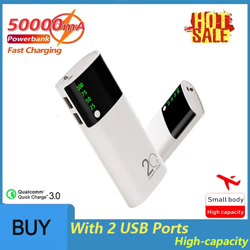 

50000mah Power Bank 2 USB Digital Outdoor Portable Quick Charger External Battery Flashlight Suitable for Xiaomi IPhone Samsung