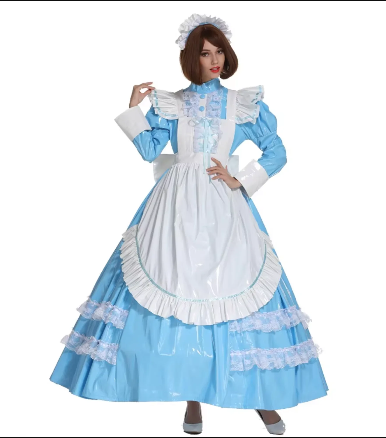 Сисси Девушка Французская Горничная Запираемый ПВХ Голубой Женский Акцент