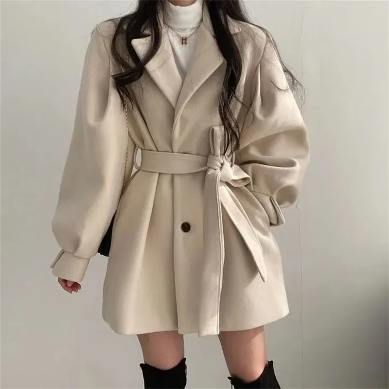 

Blazer Collar Woolen Coat Women Belted Winter Mid Length Jacket Niche Vintage Loose Fashion Overcoat Solid Trench Coats