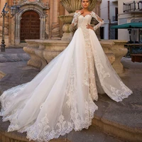 custom made wedding dress with 2m detachable train luxury lace bride ball gown long sleeve vestido de noiva train robe de mariee