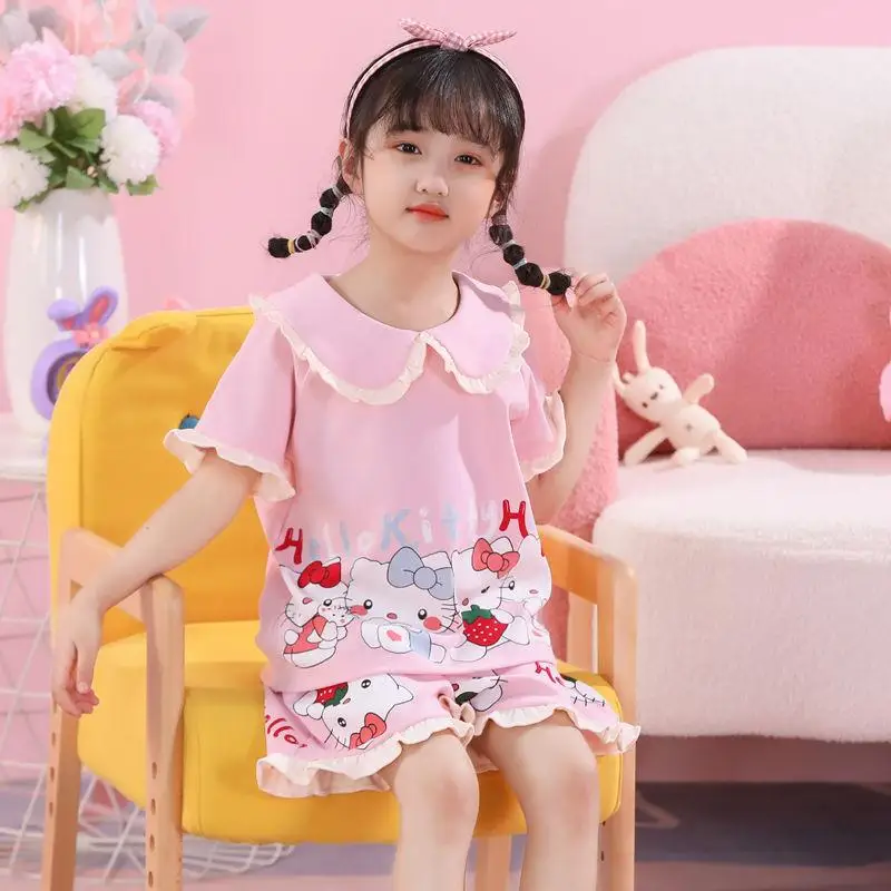 

Kawaii Sanrio Anime Hobby Hello Kitty Kuromi Summer Girls Thin Pajamas Short-Sleeved Shorts Two-Piece Set Birthday Gift
