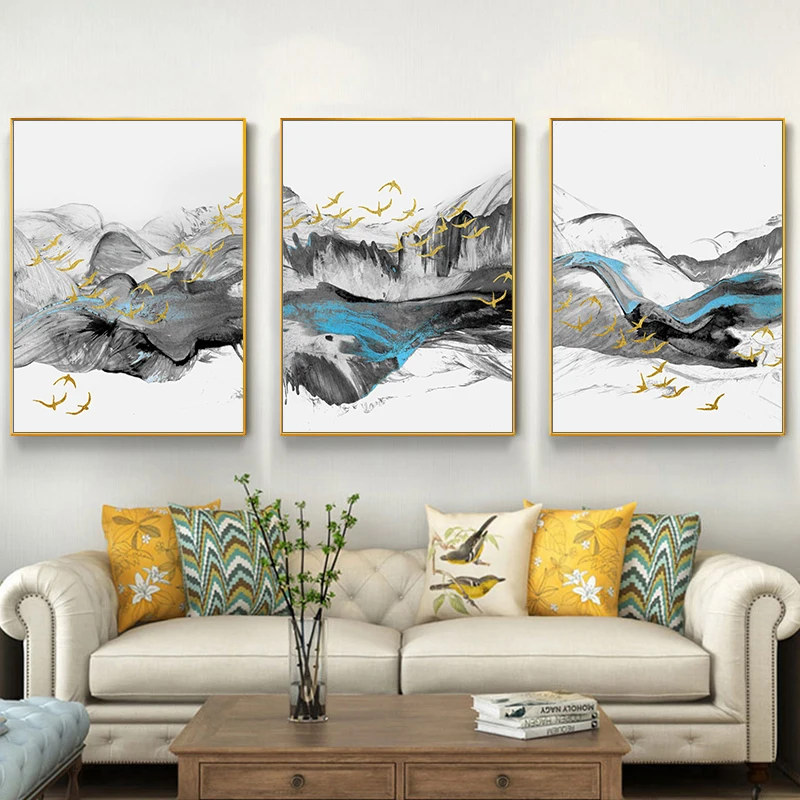 

Ink Mountain Water Golden Bird Flock Abstract Canvas Painting Chinese Landscape Modern Posters and Prints Wall Art Decor
