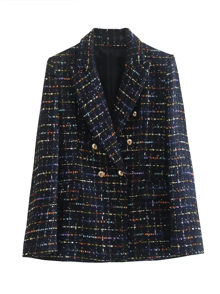 

2023 ZEVITY Women Vintage Notched Collar Colorful Ribbon Plaid Tweed Woolen Blazer Coat Female Outerwear Chic Suits Veste Tops C