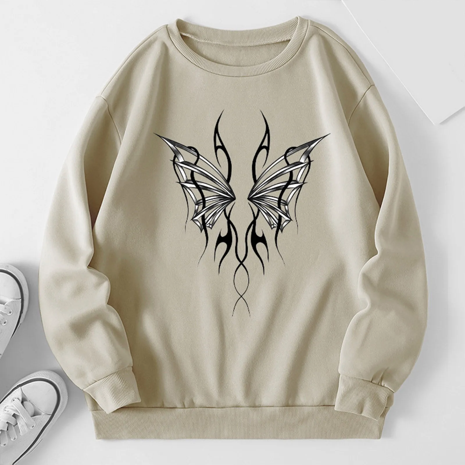 

Womens Autumn Winter Round Neck Personality Print Fleece Loose Fit Sweater Sweat Pullover Sweat Set