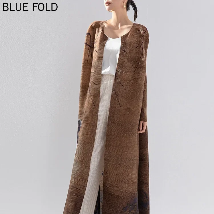 MIYAKE-Женский плиссированный плащ кардиган с круглым вырезом длинная ветровка