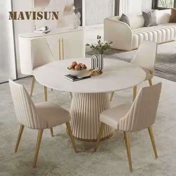 High Grade Rock Slab Round Dining Table Household Small Dinner Table And Chair Light Luxury Combination Minimalist Apartment