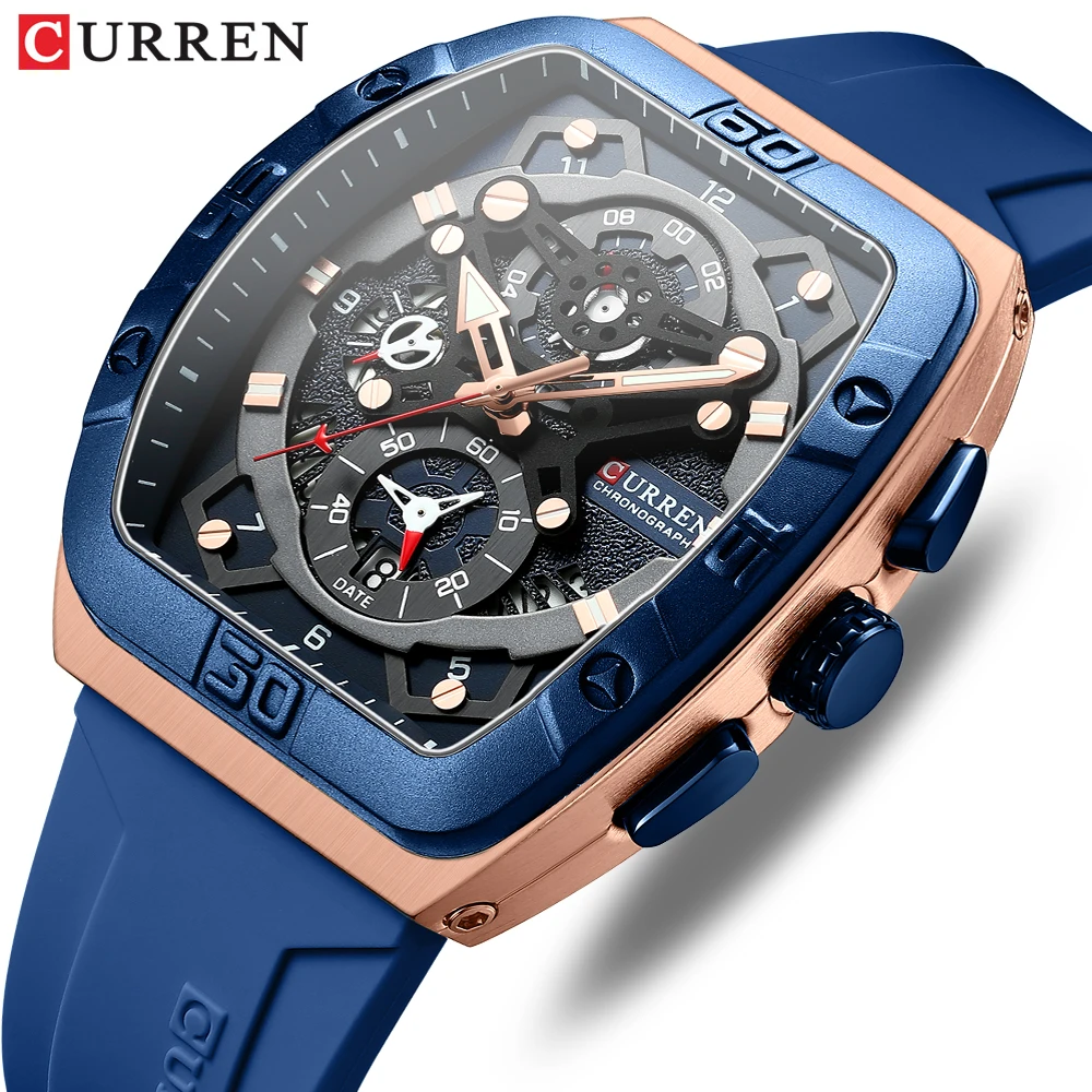 

CURREN Luxury Sports Quartz Wristwatches for Men Colorful Multi Functional Tonneau Type Watch with Auto Date