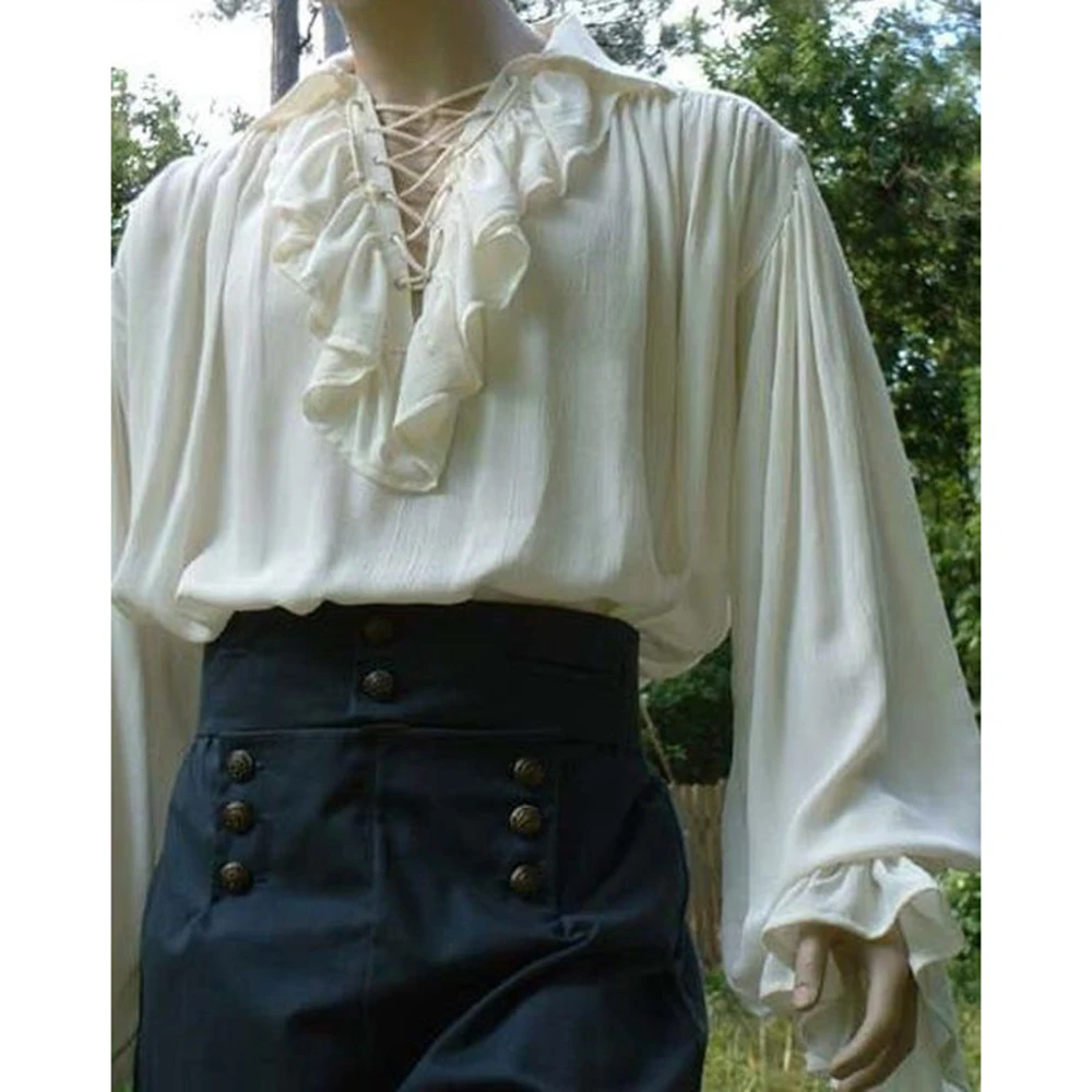 

Драма пиратский принц Топы средневековый костюм сценическая рубашка костюм стимпанк длинный Ренессанс кружевной рукав мужской гофрированный Косплей