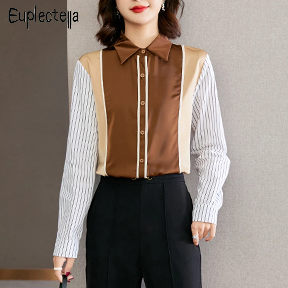 

Euplectella Autumn Vintage All-Match Stylish Contrast Color Patchwork Shirt Long Sleeve Stripe Loose Chiffon Blouse Top Feminina