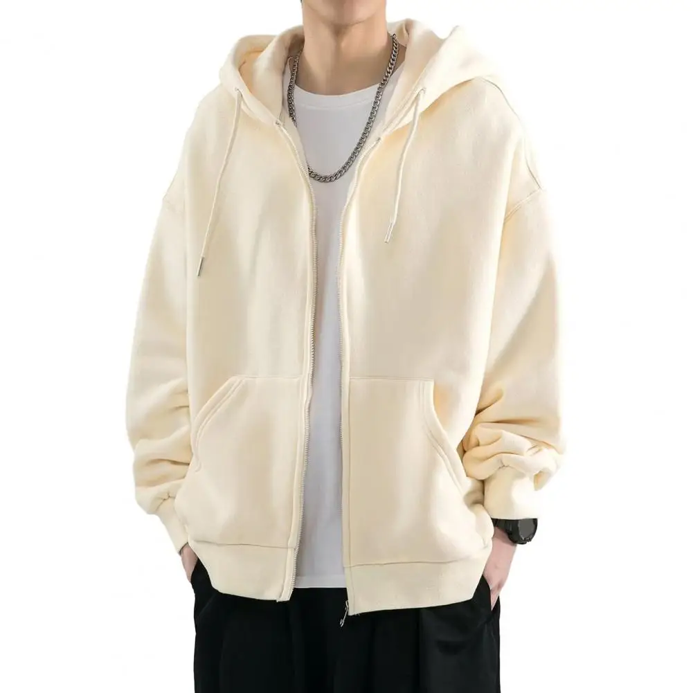 

Men Solid Color Coat Thick Cardigan Hoodie Jacket With Drawstring Closure Pockets Warm Stylish Men's Winter Coat Men Winter Coat