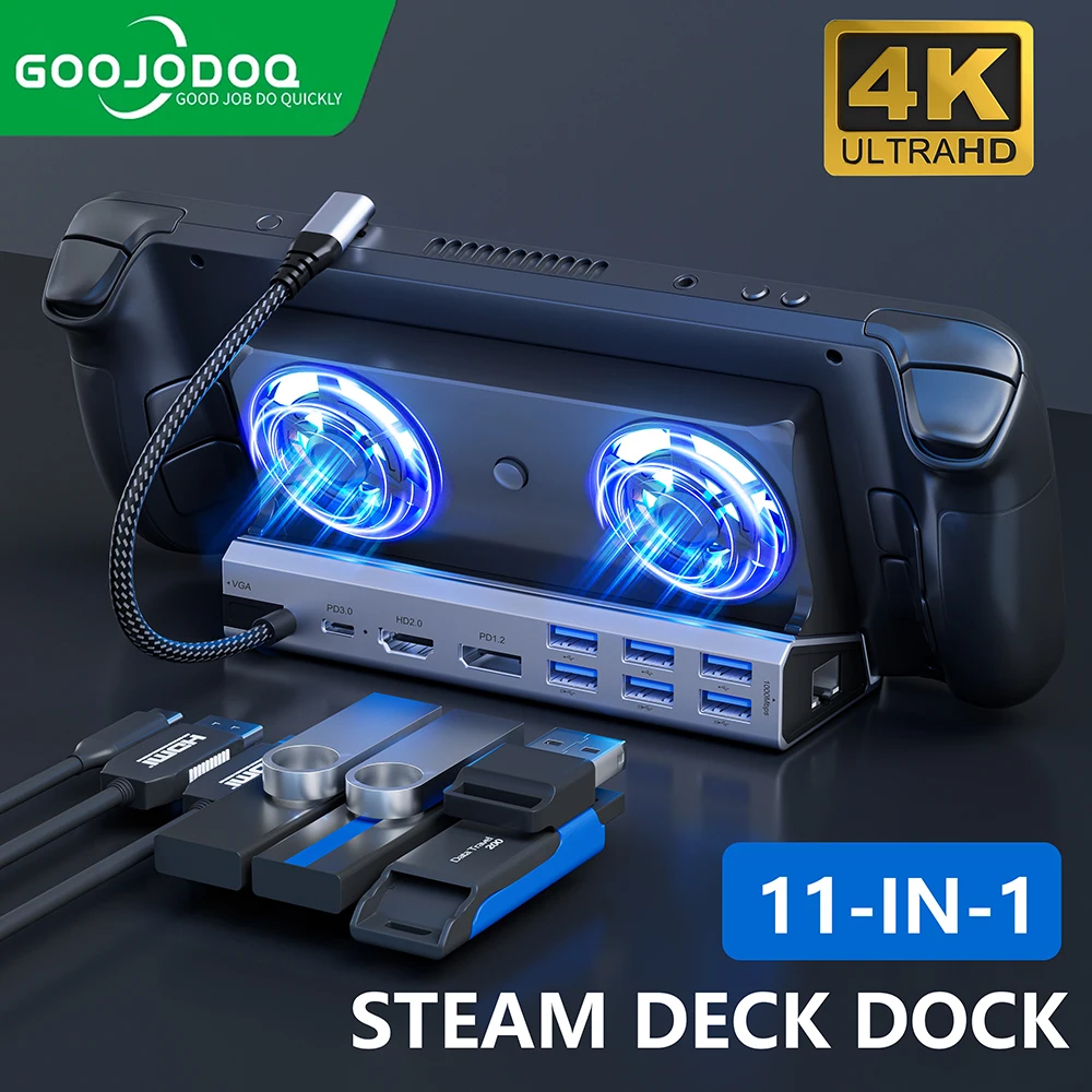 Steam Deck Dock Docking Station with Fan 11-in-1 HDMI 2.0 Compatibility 4k@60hz Gigabit Ethernet Full Speed Charging USB-C USB-A