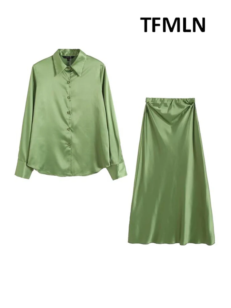 

TFMLN 2022 Summer Solid Blouses+A-Line Skirt Set New Single Breasted Causal Long Sleeve Blouse High Waist Girl Outfits
